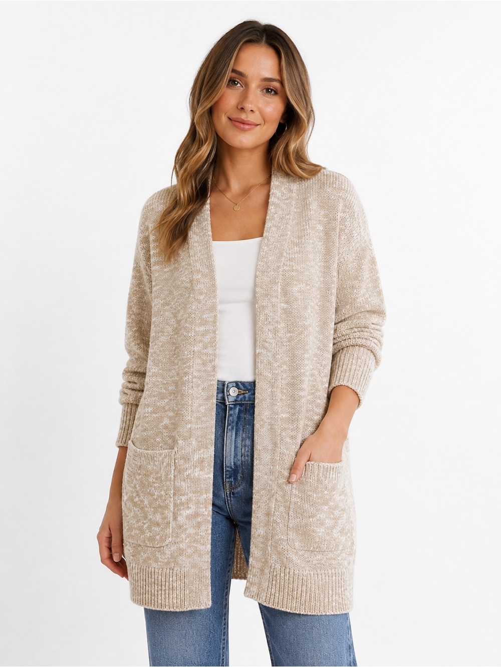 L.L. Bean Women’s Open-Front Pocket Chunky Knit Cardigan, Tan/White, Size Medium